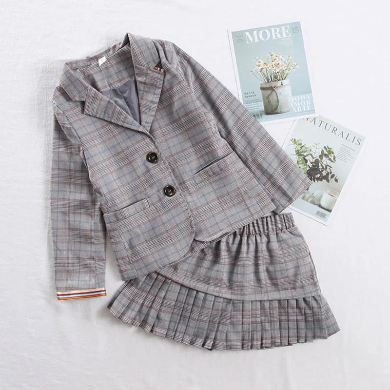 2pcs gray Элегантный комплект одежды из 2 предметов для больших девочек, осенне-Весенняя школьная форма, костюм с блейзером для подростков Детский костюм для девочек 8, 10, 12 лет - Цвет: 2pcs gray