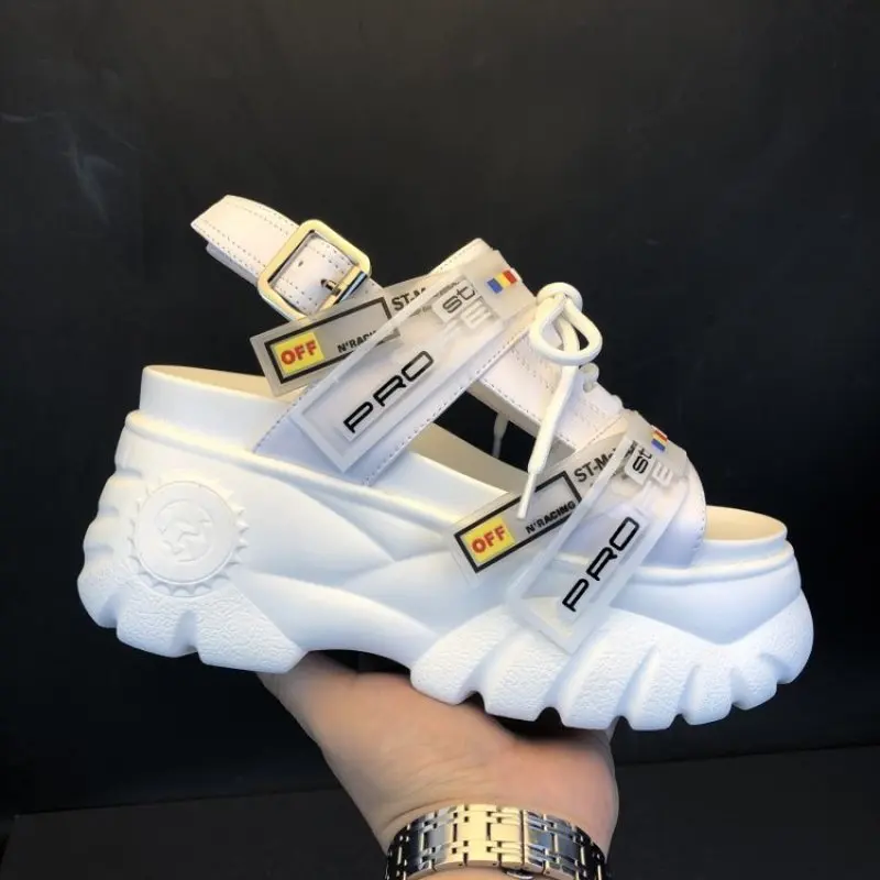 

2019 Summer Chunky Sandals Women 8cm Wedge High Heels Shoes Female Buckle Platform Leather Casual Summer Slippers Woman Sandal