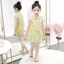 Новая От 3 до 12 лет летняя одежда для маленьких девочек платье с вышивкой детское платье Сетчатое платье Ципао