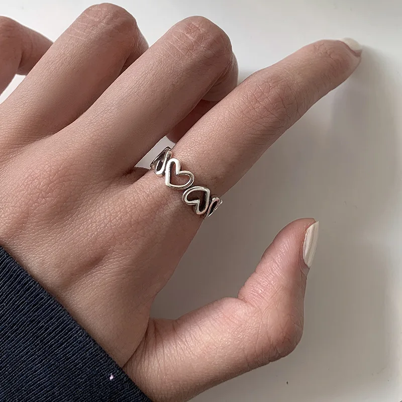 Silberner Herzring Für Damen, Retro Ring Mit Geometrischen Formen_voghion.com