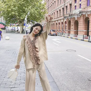 

Women V Neck Flare Sleeve Cardigan Button Korean Ruffles Loose Sweaters Female Single-Breasted Patchwork Sweater