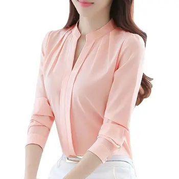 

Spring Autumn Women Tops Long Sleeve Casual Chiffon Blouse Female V-Neck Work Wear Solid Color White Office Shirts