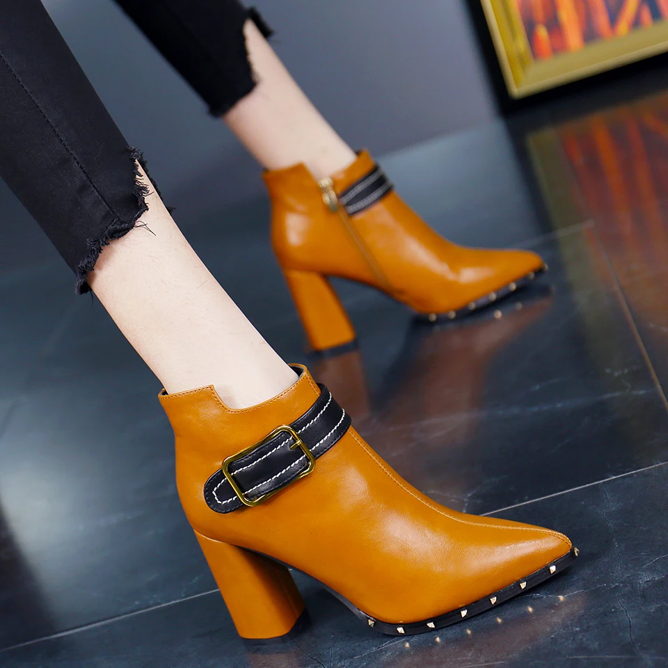 

2019 British Women's Martin Boots Thick High Heel Ankle Boots Pointed Toe Side Zip Boots Winter Autumn Buckles Women Boots
