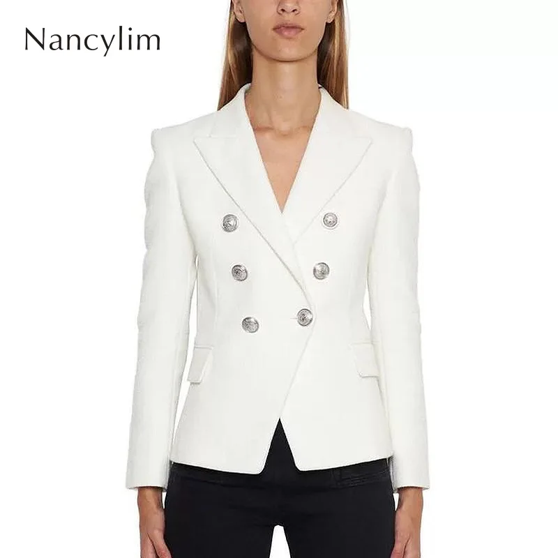 2019 Spring Autumn Black Blazer Women Solid Color Double Row Buckle Silver Metal Buckle Small Suit Coat Ladies 2019 Spring Autumn Black Blazer Women Solid Color Double Row Buckle Silver Metal Buckle Small Suit Coat Ladies