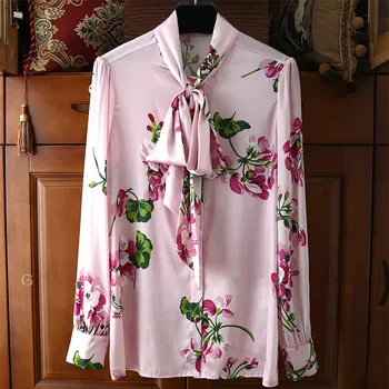 

2020 Spring Autumn fashion women's elegant floral print long sleeves bowtie Shirts Top C392