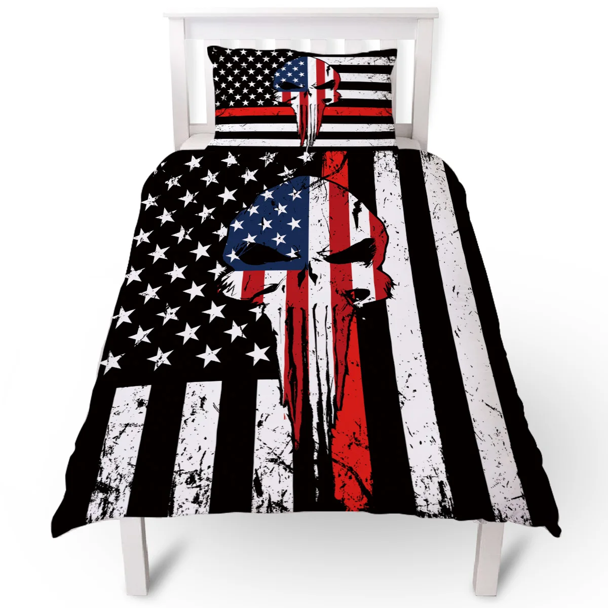Punisher Skull Red Line American Flag Duvet Cover Pillow Case Quilt Set Bedclothes Single Bedding Sets For Bed | Дом и сад