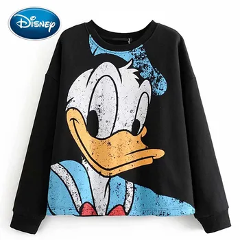 

Disney Stylish Donald Duck Cartoon Print Black T-Shirt O-Neck Pullover Fashion Sweet Women Long Sleeve Harajuku Casual Loose Top