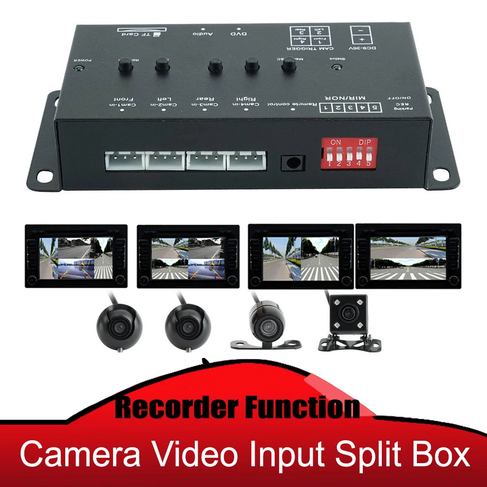 

Carsanbo Camera Video Input Split Box with Recorder Function Support 4 Camera Video Front Rear Left Right Side View Camera