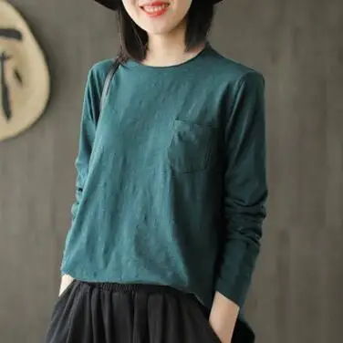 Рубашка с длинными рукавами женская осень весна бамбуковый хлопок сплошной цвет о-образным вырезом карманы женский свободный Базовый Топ YoYiKamomo - Цвет: Зеленый