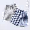 Couple pajamas summer cotton gauze shorts Japanese style simple elastic waist casual large size lattice men and women home pants ► Photo 3/6