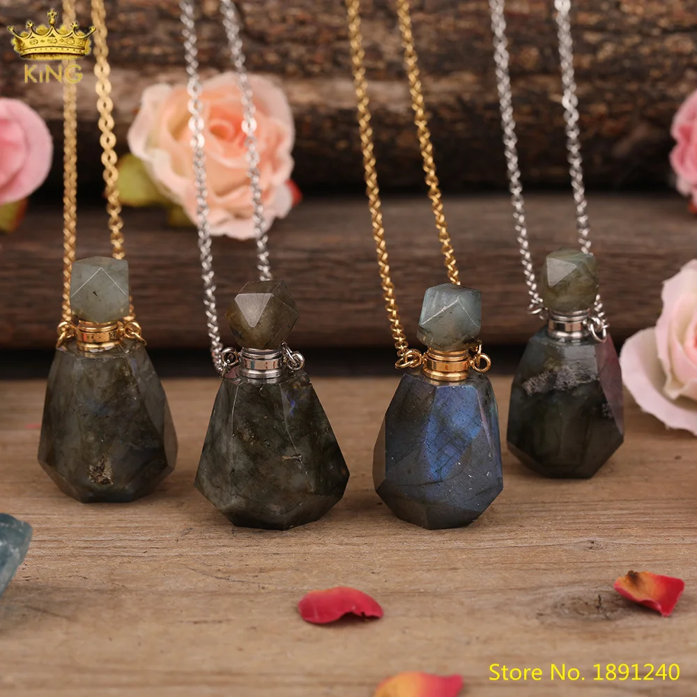 

Natural Flash Labradorite Diffuser Oil Pendant Jewelry For Women Faceted Stone Perfume Bottle Gold Chains Necklace