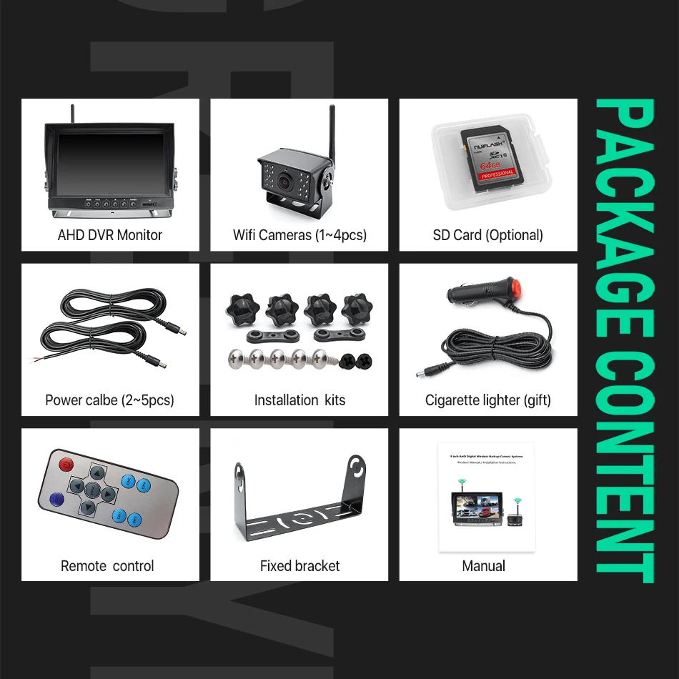 Car Display 9" 1280x720 High Definition AHD Wireless Truck DVR Monitor Night Vision Reverse Backup Recorder Wifi Camera Bus Car