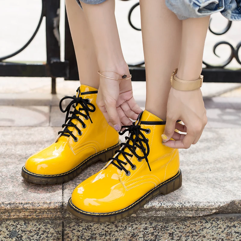 Glitter Leather Boots Yellow Black Combat Boots For Women New White Martin Ankle Boots Women Platform Lace Up Punk Boots