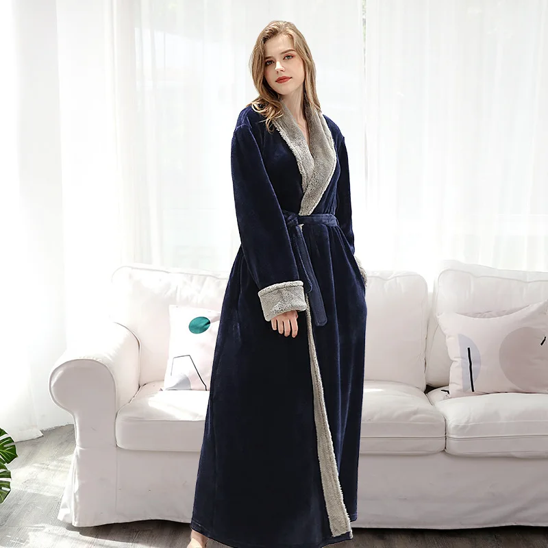 woman navy blue Зимний фланелевый Халат, кимоно, теплый банный халат, халат подружки невесты, одежда для сна - Цвет: woman navy blue