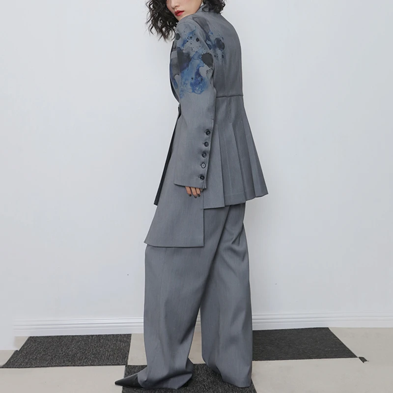 SeeBeautiful, новая мода, весеннее Платье с принтом чернил, с длинным рукавом, на одной пуговице, плиссированное Асимметричное пальто, женский костюм, Q725