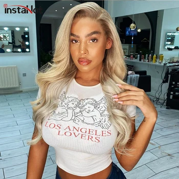 

InstaHot Letter Print T-shirt Round Neck Slim Short Sleeve Ladies Skinny Angle Print Tee Top Streetwear Women Cotton t shirt