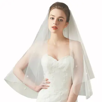 

Women Tulle Wedding Veil Cover Face Pearl Petal Flower Applique Bride Headdress
