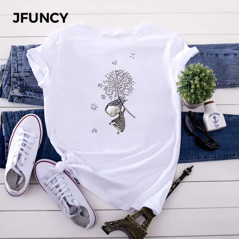 Футболка JFUNCY женская с коротким рукавом Модный хлопковый топ принтом