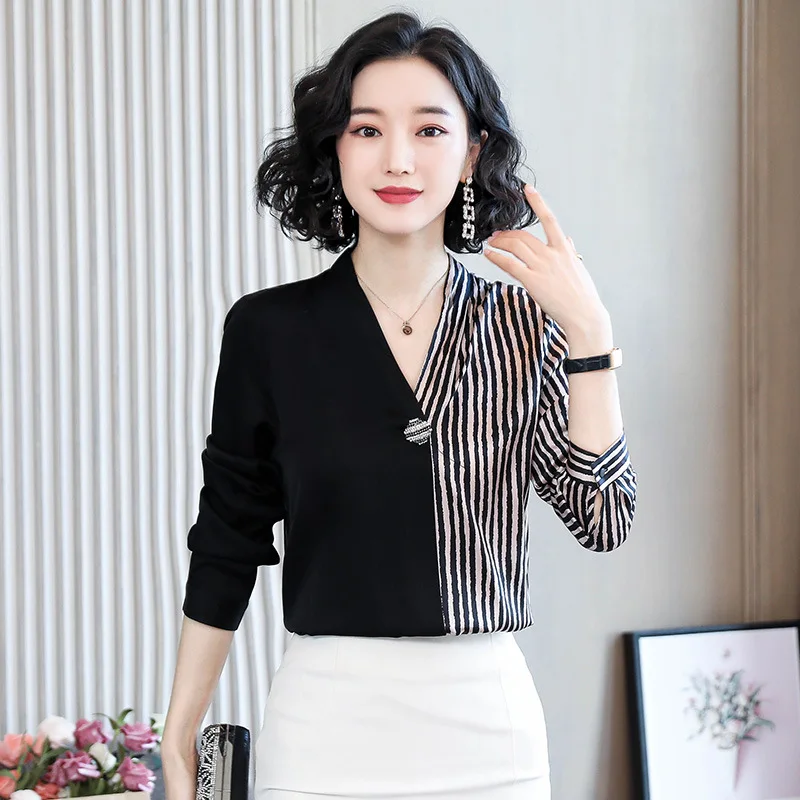 

European Goods Long Sleeve Vertical Striped Imitated Silk Fabric Shirt 2020 Spring And Autumn Faux Mulberry Silk Mixed Colors Dr