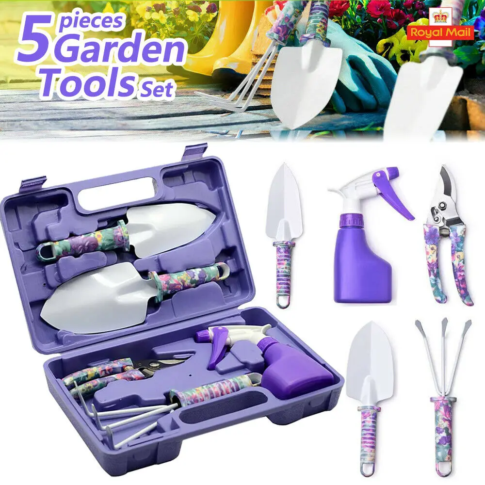 

5PCS Non-Slip Garden Tool Set Lightweight Handle Garden Weeding Kit Pruner Trowel Transplanting Spade Rake Spray Bottle With Box