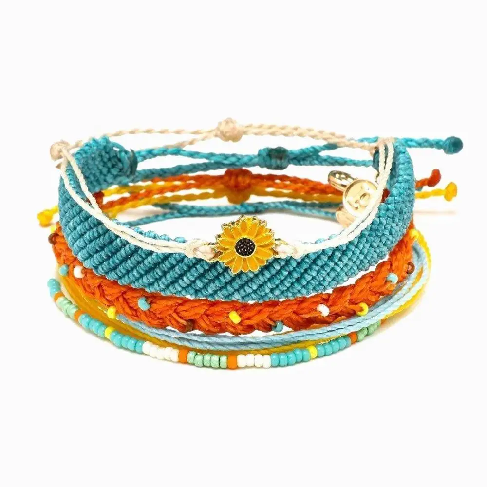 Набор браслетов в стиле маргаритки, богемные браслеты в стиле бохо для женщин, разноцветные браслеты дружбы с нитью, плетеные браслеты в стиле хиппи - Окраска металла: as picture