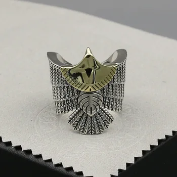 

Original Handmade Feather Gold Dotted Hawking Ring Male Index Finger S925 Sterling Silver Tail Ring Thai Silver Ring