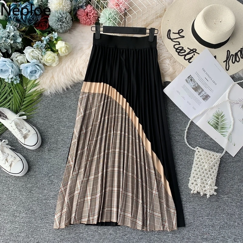 

Neploe High Waist Slim Plaid Skirt Girls Patchwork Contrast Color A Line Beach Jupe Pleated Wild Big Swing Skirts Autumn 45817