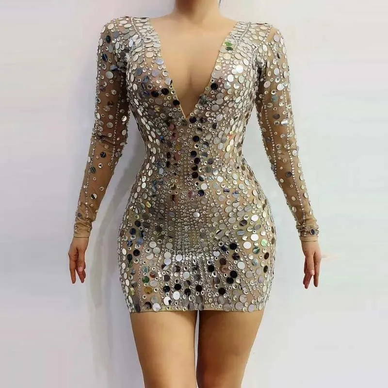 Flashing Silver Rhinestones Sequins Transparent Dress Bar Birthday Celebrate Outfit Evening Women Singer Short Dress