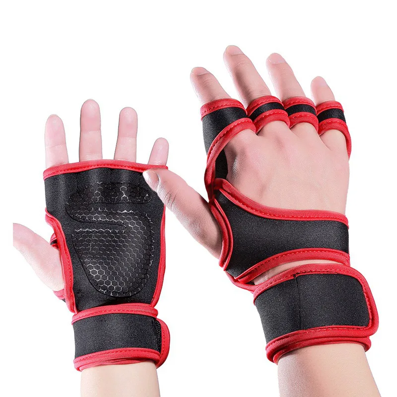 Перчатки для кроссфита, для спортзала, Нескользящие, дышащие, устойчивые, для пальцев, защитные, для тяжелой атлетики, перчатки для мужчин и женщин, для бодибилдинга, тренировочные перчатки - Цвет: Красный