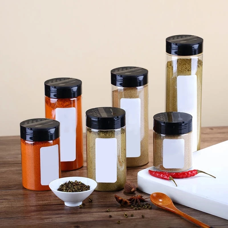 Spice Bottle 2oz (56gr) Clear PET with Sift & Spoon Red Lid / Aluminum Foil  Seal Liner | Spice jar - MIN ORDER OF 10 JARS