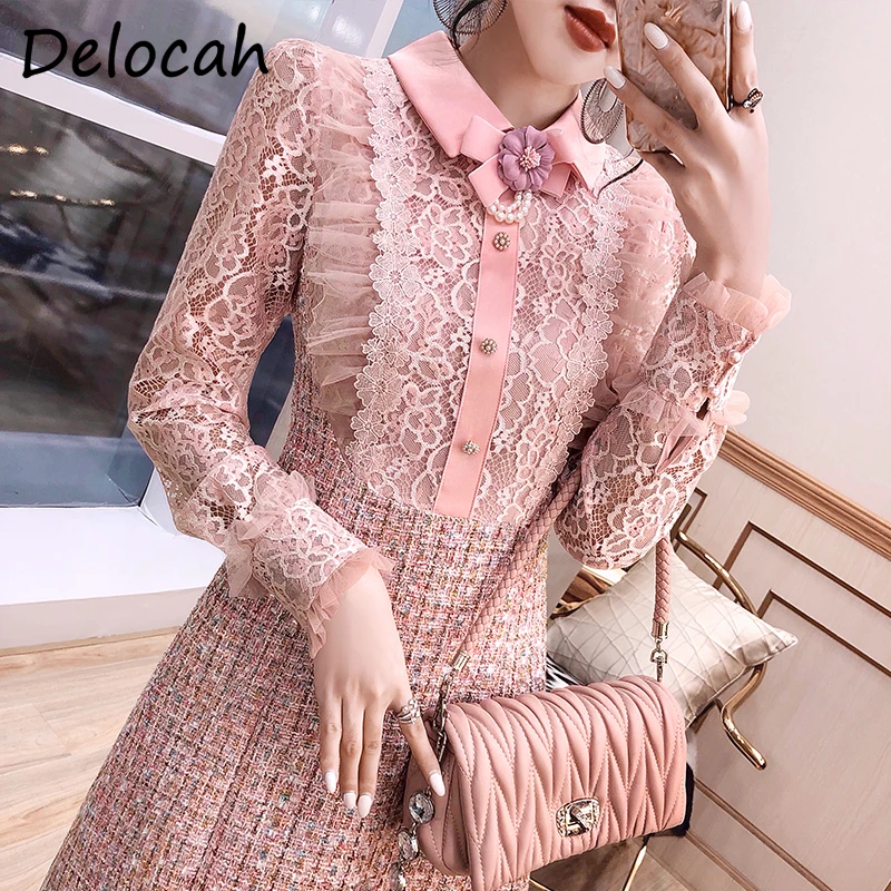 

Delocah Women Autumn Fashion DesignerÂ Party Short Dress Lace Ruffles Beading Lantern Sleeve High Waist A-Line Dresses vestidos