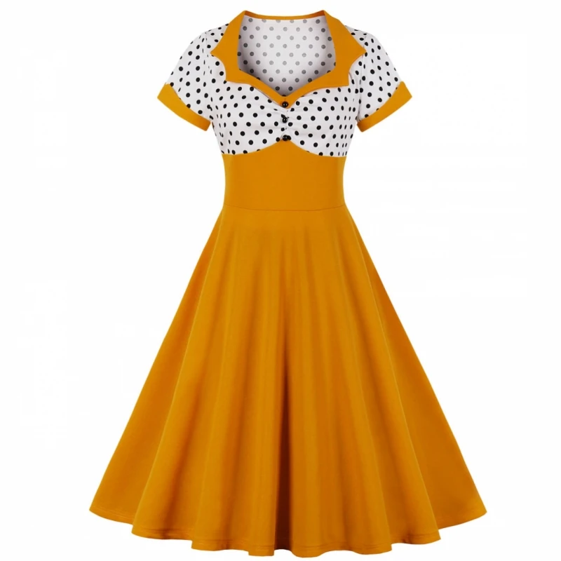 3XL 4XL размера плюс летнее женское платье Ретро женское в горошек пинап рокабилли платья для вечеринок винтажная Туника vestidos mujer - Цвет: Цвет: желтый