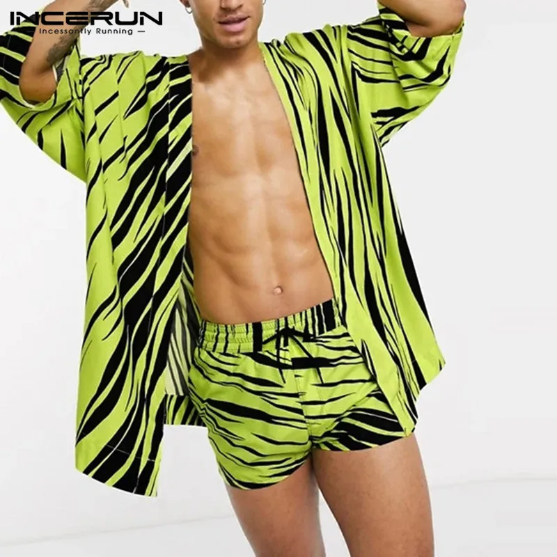 Fashion Men Sets Beach Printing Summer Open Stitch 3/4 Sleeve Cardigan Tops Shorts Casual Streetwear Hawaiian Sets INCERUN 2020 Fashion Men Sets Beach Printing Summer Open Stitch 3/4 Sleeve Cardigan Tops Shorts Casual Streetwear Hawaiian Sets INCERUN 2020