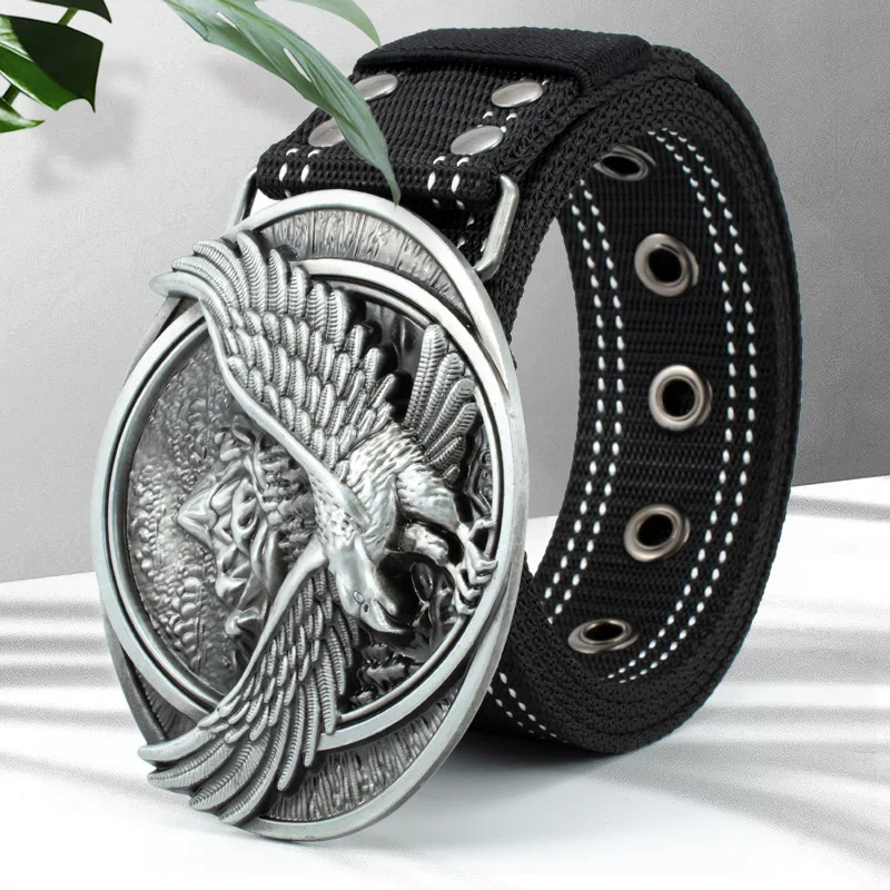 

2021 New Fashion Belt Tacticle Canvas Metal Alloy Vintage Casual Style Trend Eagle Logo Punk Pin Buckle Adjustable Jeans Belt