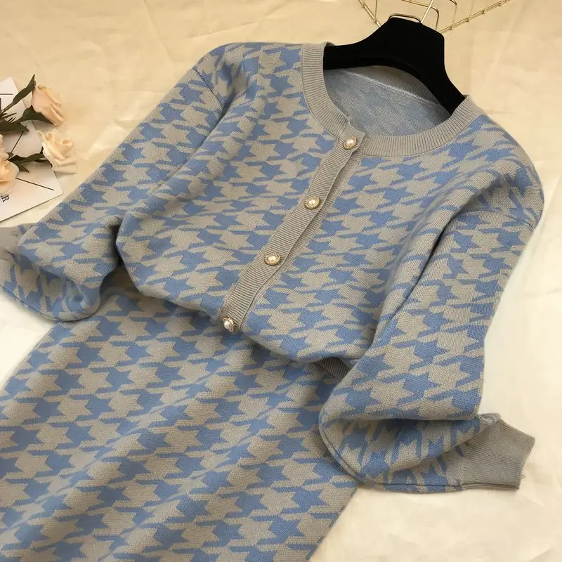 ALPHALMODA/женские кардиганы и юбки, модный вязаный комплект из 2 предметов с рисунком «гусиная лапка», свитер с длинными рукавами, мини-юбка, комплект из 2 предметов
