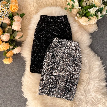 

Spring Sequin Bling Sparkling Skirt Female Wild High Waist Was Thin Package Hip Skirt