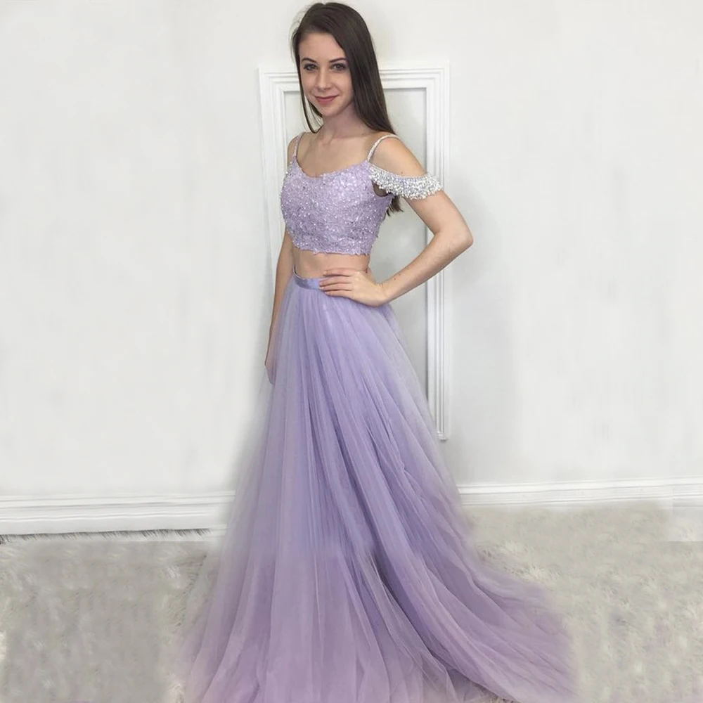

Side Sleeves Lace Beade Two Pieces Prom Dresses vestidos de graduación Lavender Formal Evening Dress Plus Size Tulle Prom Gown