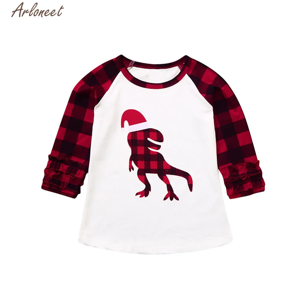 Одежда arloneet Christma дети девочки для мальчиков мультфильм Динозавр плед Топы Дети милый o-образным вырезом хлопок футболка красные милые топы