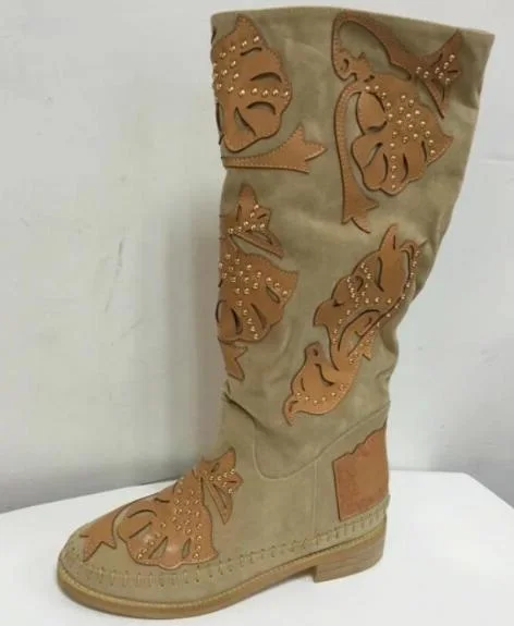 

Carved Leather Rivets Studded Patchwork Knee High Suede Leather Martin Boots Round Toe Flat Woman Black White Khaki Long Boots