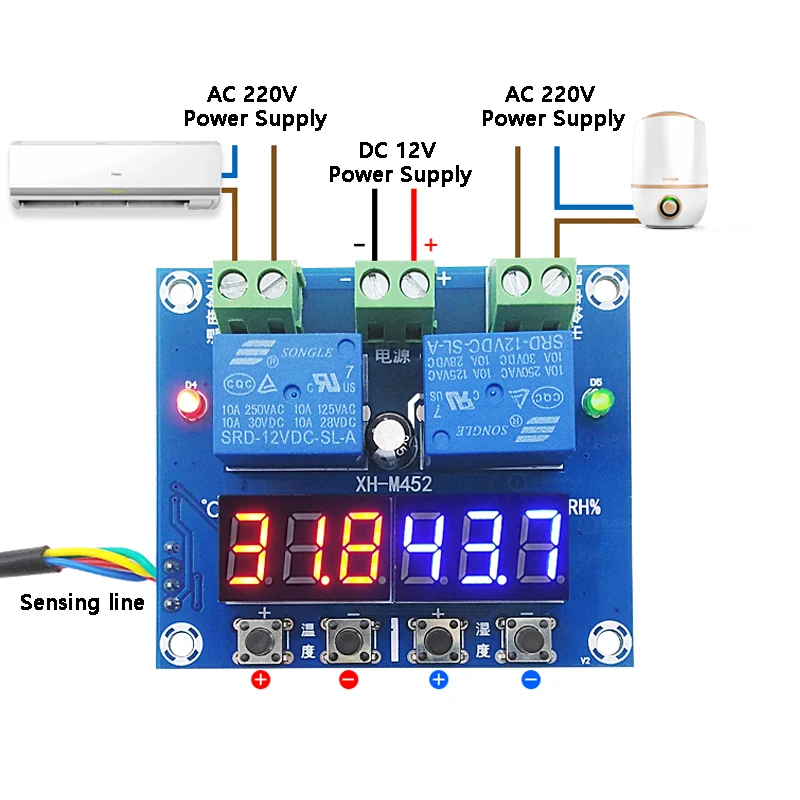 

XH-M452 DC 12V LED Digital Thermostat Temperature Humidity Control Thermometer Hygrometer Controller Relay Module AM2301 Probe