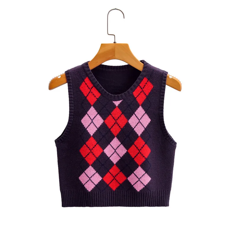 Осенний женский короткий пуловер с круглым вырезом без рукавов со стразами