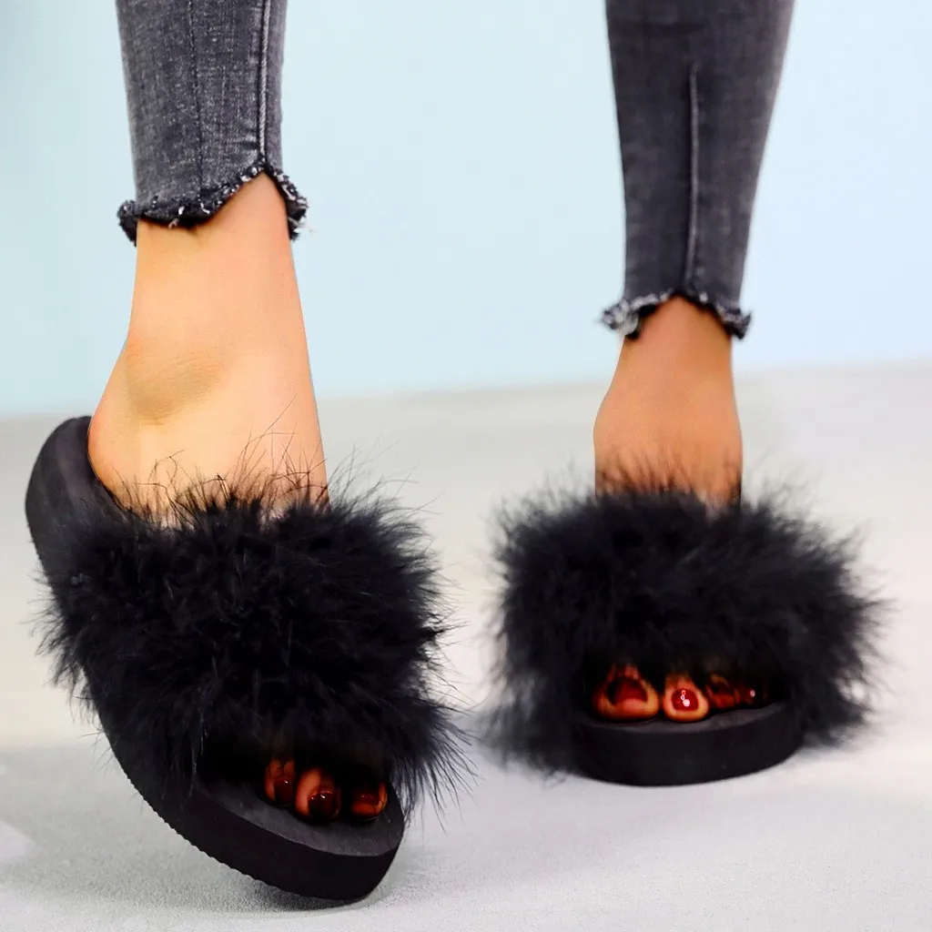 

Fashion Beach Med Heel Women fluffy slippers Slip-on Open Toe Wedges Flat Colorful Slipper flat shoes women Zapatos De Mujer