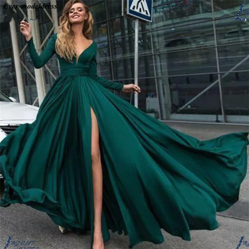

Dark Green Evening Dresses Long Sleeves Side Split V-Neck Sweep Train Long Prom Party Gowns Robe de soiree 2019 Cheap