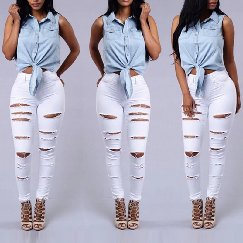 Женские обтягивающие джинсы с дырками из денима, рваные узкие брюки с высокой талией, повседневные штаны, черные эластичные белые джинсы - Цвет: Белый