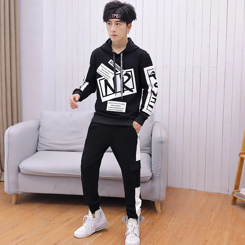 

2019 Men Spring And Autumn Leisure Sports Suit Hooded Pullover Printed Trend Hoodie Long Sleeve Trousers Skinny Dacron