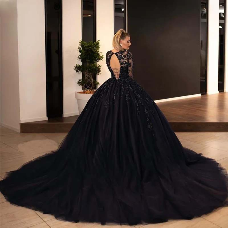 Gothic Black Long Sleeves Ball Gowns Sexy V Neck Backless Robe Vintage Lace Wedding Dresses Bridal