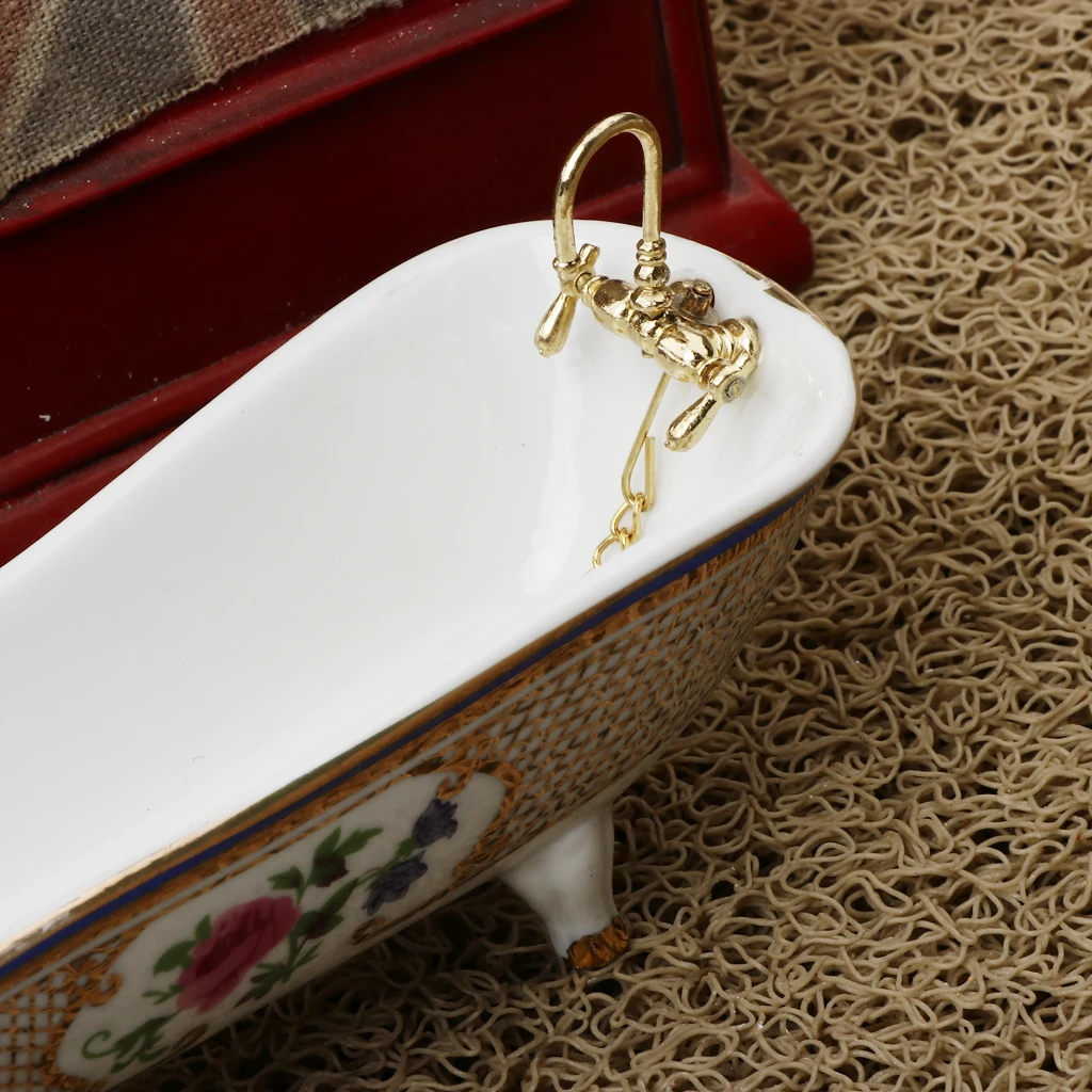 1/12 Dollhouse Miniature Bathroom Furniture Kits Flower Pattern Bathtub and Toilet Set