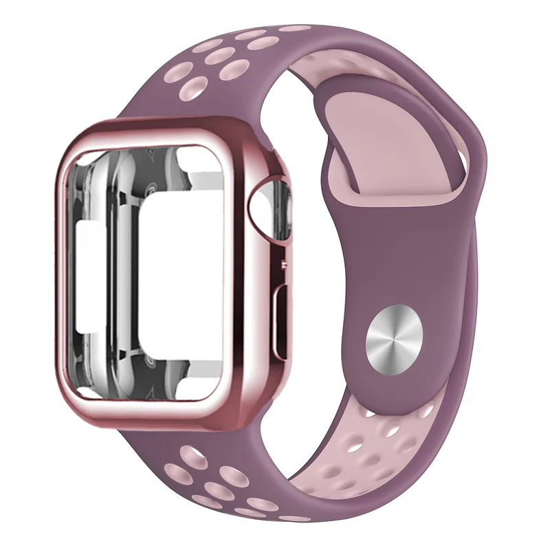 Силиконовый спортивный ремешок для часов+ чехол относится к apple watch 5 4 3 2 1 серии 38 мм/42 мм, ремешок для наручных часов iwatch, 40 мм 44 браслет наручные аксессуары - Цвет ремешка: Purple light pink