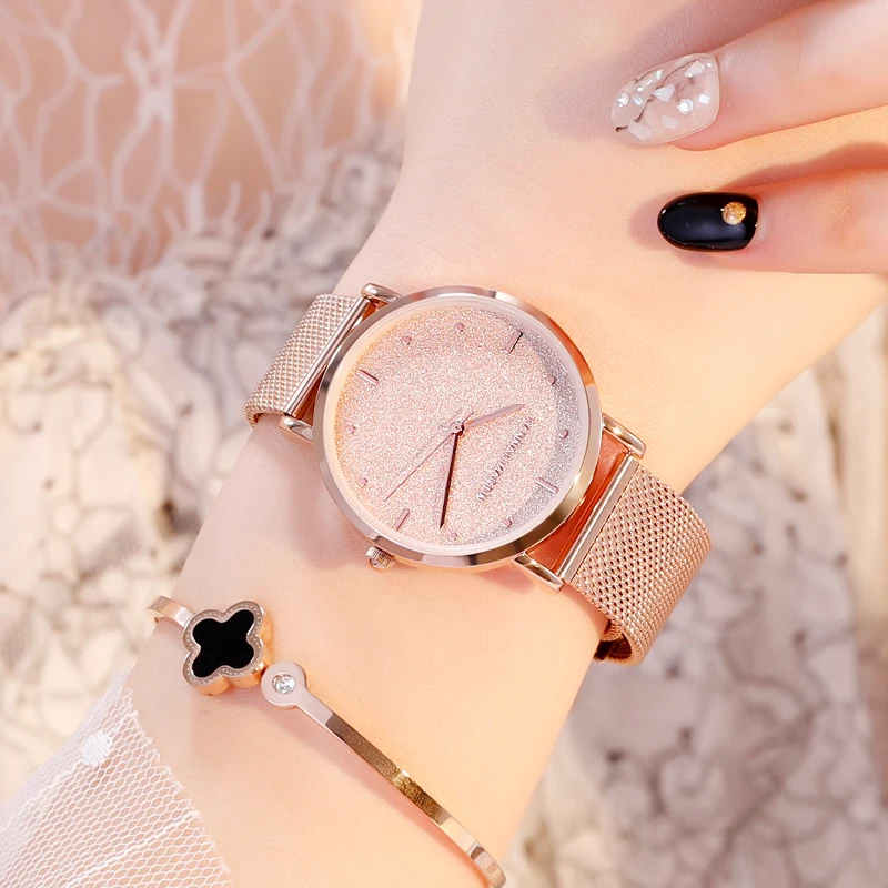 Women Watches New Flash Stars Stainless Steel Rose Gold Mesh Unique Simple Casual Quartz Waterproof Wristwatches Clock Hot Sale 5