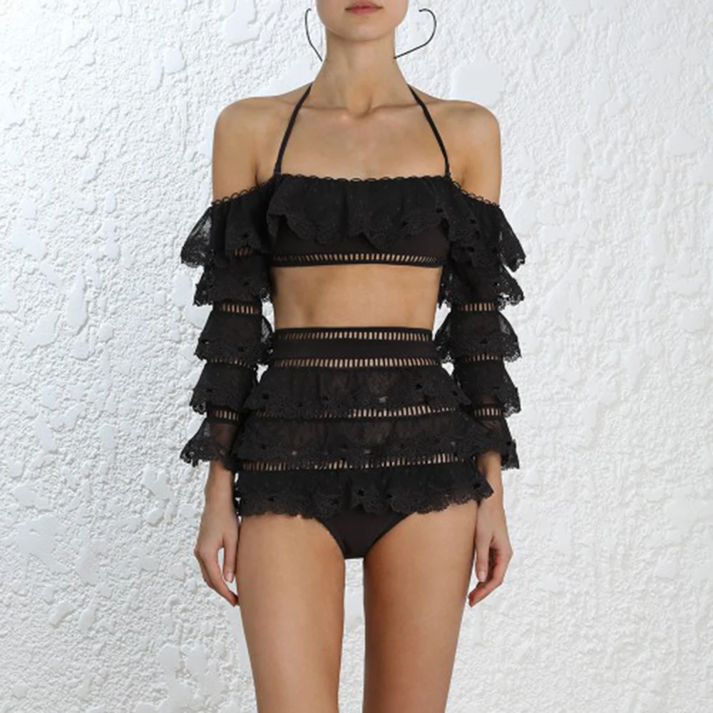 

2020 Bikinis Set Women Black Lace Swimwear Sexy Solid Maillot De Bain Female Adjustable Strap Swimsuit Vintage Bathing Suit